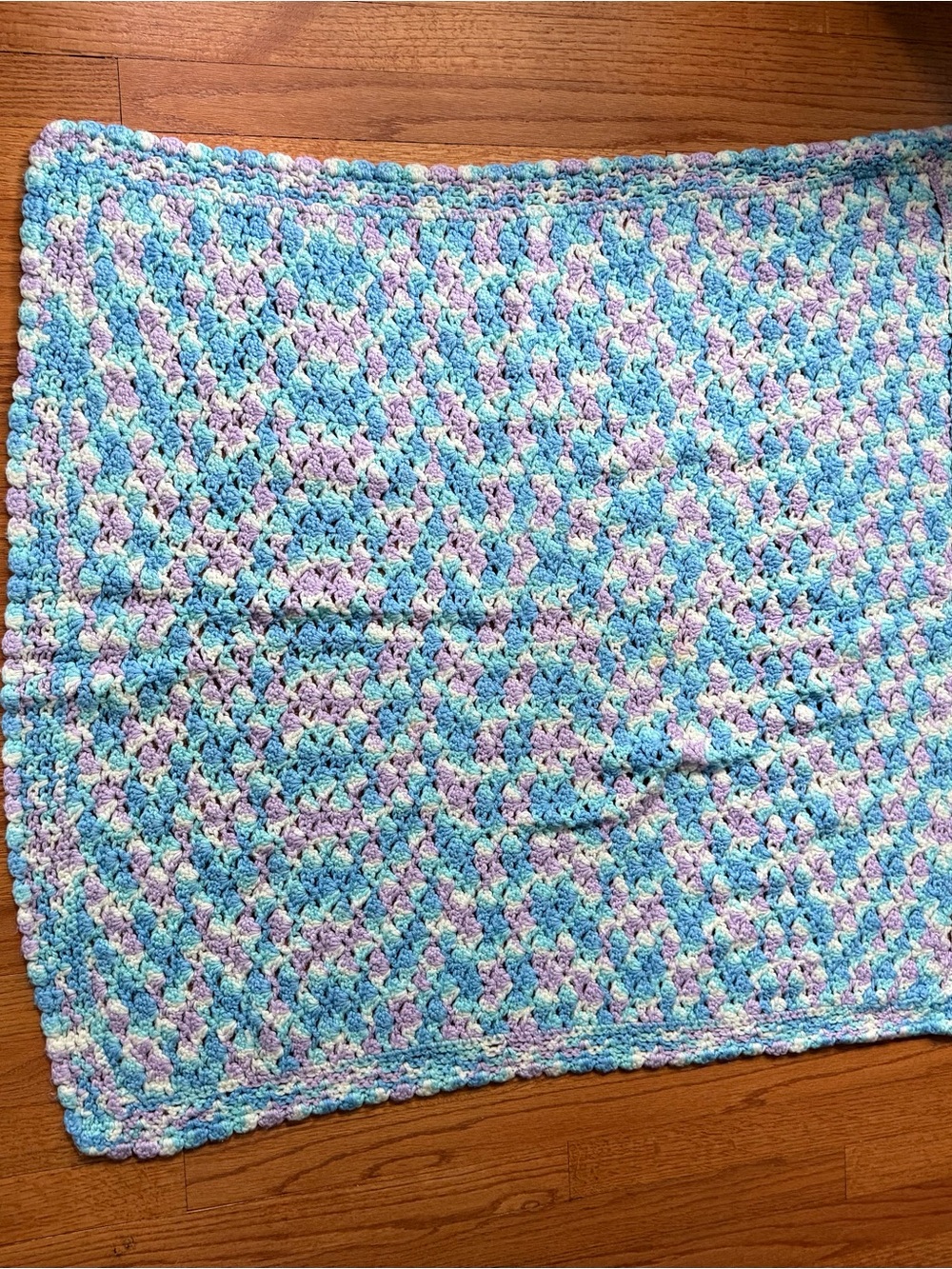 Handmade Pastel Crochet Throw Blanket in Blue, Lavender & White